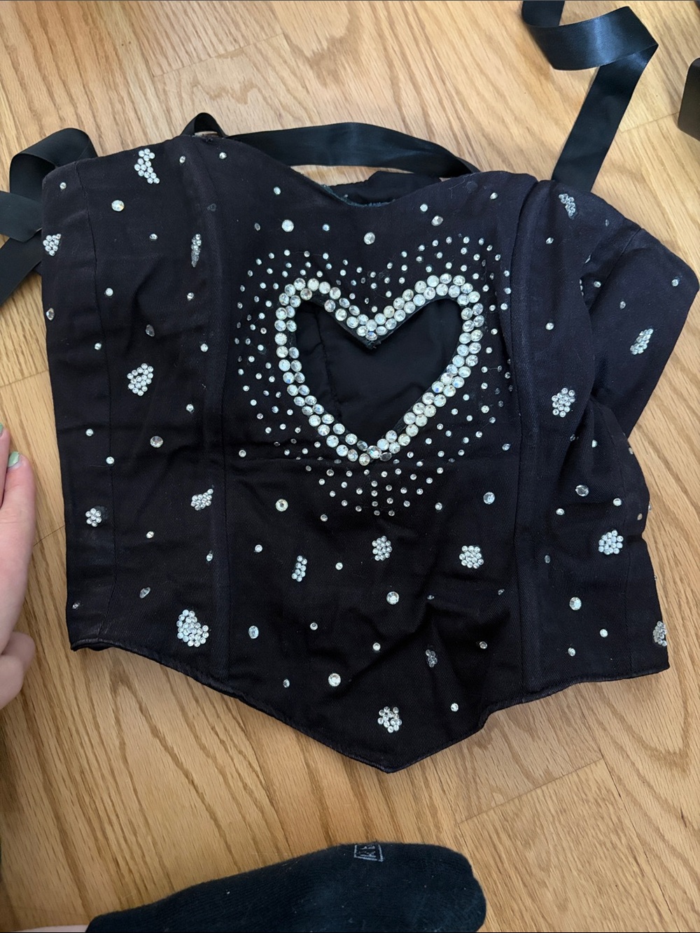 Sabrina carpenter Black Corset Top with Rhinestone Heart